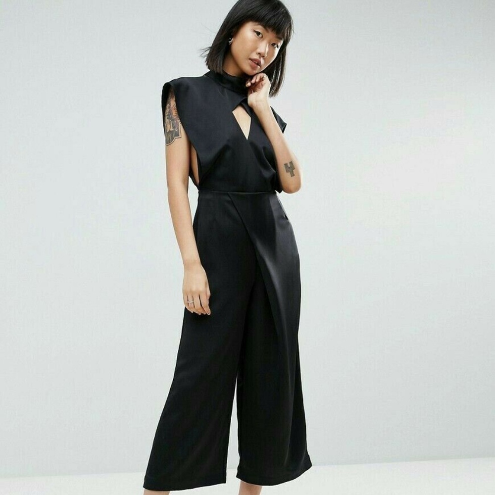 NWT ASOS WHITE Cross Front Satin Jumpsuit Black 2